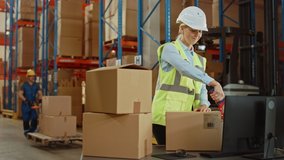 In Retail Warehouse Professional Worker Packing Parcel, Cardboard Box Sealed with Tape Dispenser Ready for Shipment. International Delivery and Distribution Center Full of Shelves with Products. - Powered by Shutterstock - Get 15% off with code: PIKWIZARD15