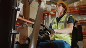 Retail Warehouse full of Shelves with Goods: Electric Forklift Truck Operator Lifts Pallet with Cardboard Boxes On a Shelf. People Working, Scanning Products, Using Trucks in Distribution Center - Powered by Shutterstock - Get 15% off with code: PIKWIZARD15