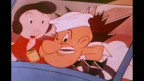 CIRCA 1955 - In this animated film, Bluto pranks Popeye into thinking his car got a blow-out so that he can drive Olive Oyl.