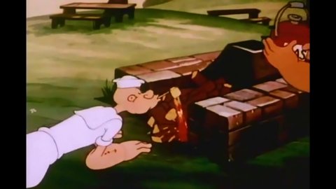 CIRCA 1955 - In this animated film, Bluto pranks Popeye as he's chopping firewood and lighting the fire.