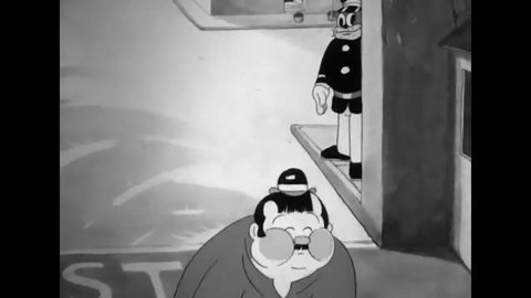 CIRCA 1936 - In this animated film, Charlie Chaplin drives up to a movie studio and Beans enters disguised as Oliver Hardy.