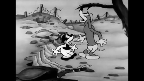 CIRCA 1931 - In this animated film, Bosko's dog friend is shot up in WWI and his hippo friend tries to take out a machine gun nest of birds.