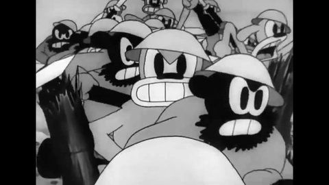 CIRCA 1931 - In this animated film, Bosko's unit gets attacked in their trench in WWI by canon fire and advancing enemy soldiers.