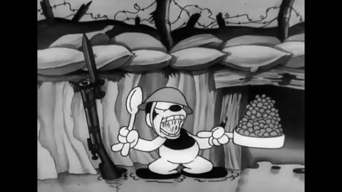 CIRCA 1931 - In this animated film, Bosko is a soldier in WWI whose food and picture of his girlfriend get blown up by the enemy.