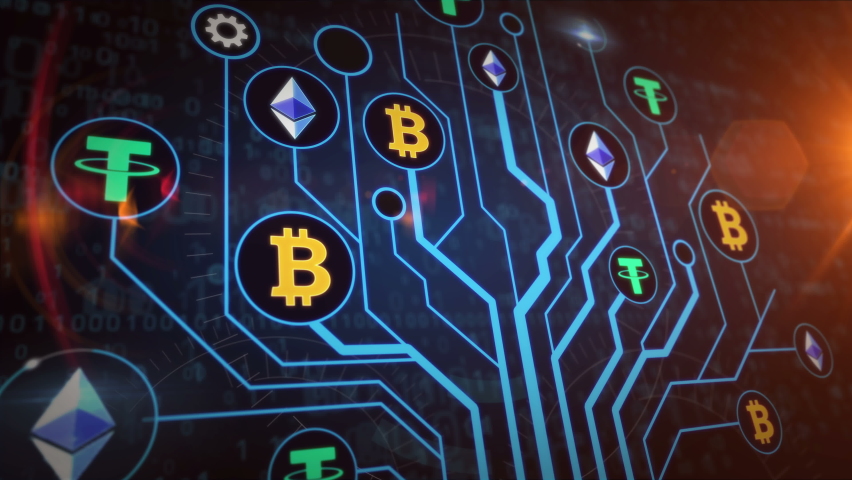 Growing digital tree with Bitcoin, Tether, Ethereum, cyber banking, money, cryptocurrency mining, blockchain technology symbols 3d rendering abstract concept animation. Futuristic icons background. | Shutterstock HD Video #1060927900