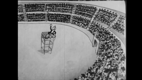 CIRCA 1928 - In this animated film, a telephone shows reporters how a public address system can amplify an orator's voice.