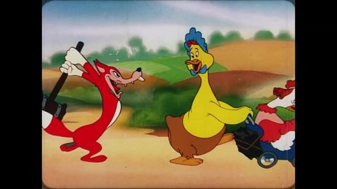 CIRCA 1950 - In this animated film, ducks run from a farm when a fox appears but Baby Huey stays to play with it and almost kills it.