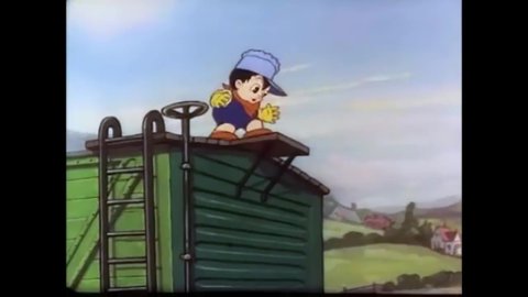 CIRCA 1936 - In this animated film, a dog tries to get free from a yard to save his boy, who hitched a ride on a train and fell off.