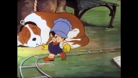 CIRCA 1936 - In this animated film, a boy with a toy train wants to go play with a real one, but a protective dog stops him.