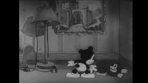 CIRCA 1934 - In this animated film, mice electrocute a cat and knock out Cubby with the chloroform he is trying to use on them.