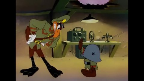 CIRCA 1943 - In this animated film, a Nazi officer chases Daffy Duck through the trenches into a telephone booth.