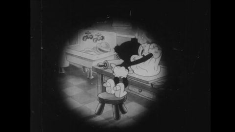 CIRCA 1934 - In this animated film, Honey the bear catches a mouse trying to steal cheese from her kitchen while she's baking.