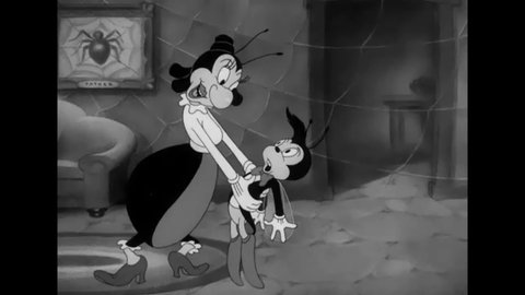 CIRCA 1942 - In this animated film, a bee fights a black widow spider to get her fiance, a moth, back.