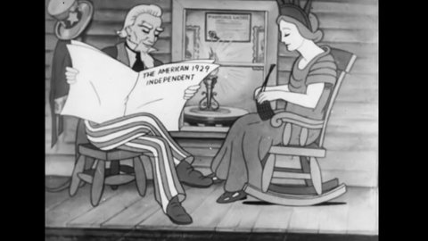 CIRCA 1936 - In this animated film, Uncle Sam looks over bills for the country's ailments.