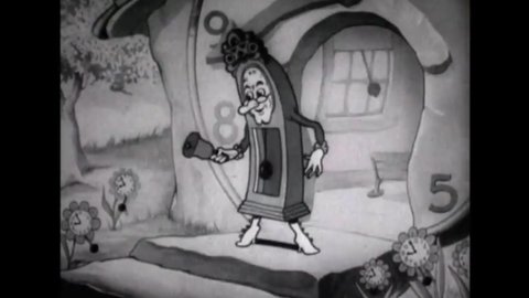 CIRCA 1934 - In this animated film, clocks enjoy playground activities at recess.