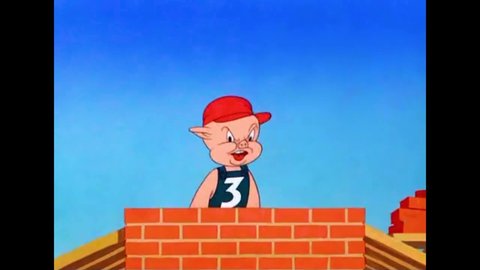 CIRCA 1943 - In this animated film, the three little pigs build their houses out of straw, matchsticks and bricks.
