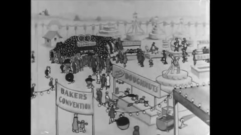 CIRCA 1933 - In this animated film, Dick and Larry and other vendors at a bakers convention fail to sell their goods.