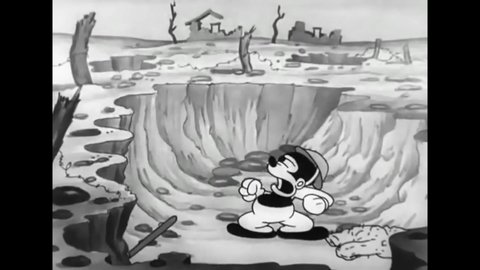 CIRCA 1931 - In this animated film, Bosko serves as a soldier in WWI and uses long underwear to save his hippo friend from the enemy.