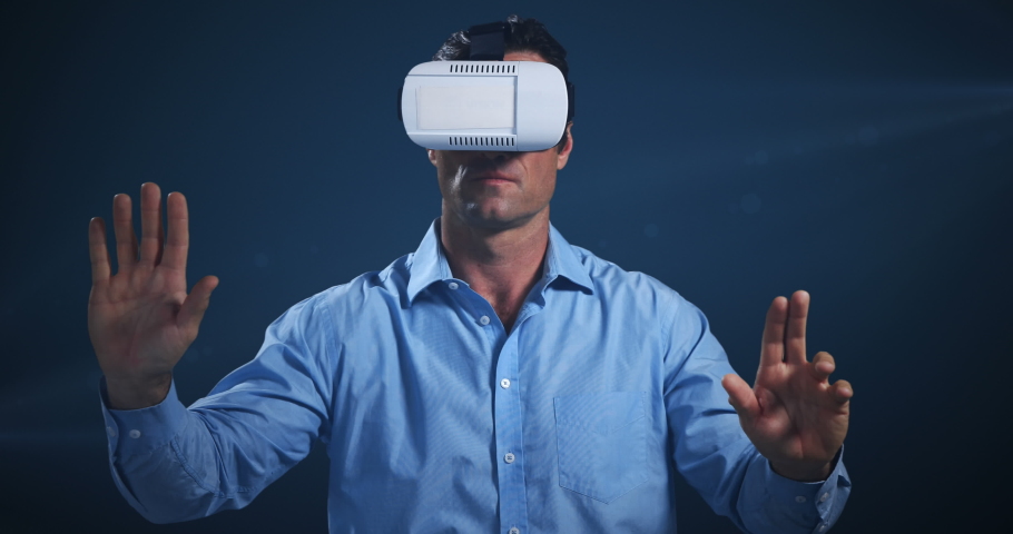 Animation of digital interface with icons and network of connections with man wearing VR headset. Global computer network technology concept digitally generated image. | Shutterstock HD Video #1060930828