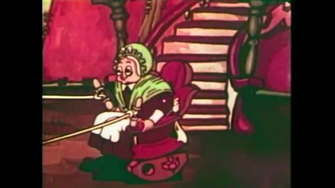 CIRCA 1935 - In this animated film, the little old lady who lived in a shoe rocks her children's cradles simultaneously.