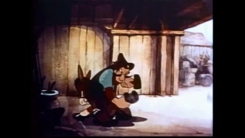 CIRCA 1940 - In this animated film, Spunky the donkey tries to run away from a barn but his horseshoes are too heavy.