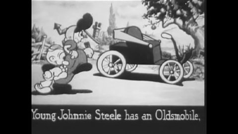 CIRCA 1931 - In this animated film, a couple drives an old car to their wedding during a sing-along of "In My Merry Oldsmobile."