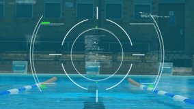 Animation of digital interface with scope scanning and data processing over male swimmer in swimming pool, celebrating. Global computer network technology concept digitally generated image. - Powered by Shutterstock - Get 15% off with code: PIKWIZARD15