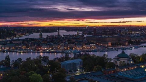 Stunning Sunset, Establishing Aerial View Shot of Stockholm, Gamla Stan, Sweden
