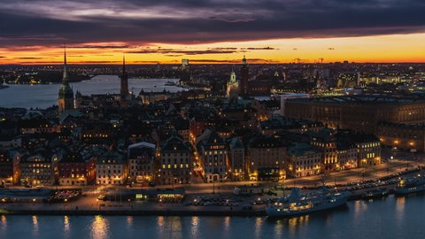 Establishing Aerial View Shot of Stockholm, City Skyline, Beautiful Sunset, Gamla Stan, Sweden