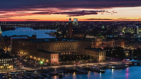 Aerial View Shot of Stockholm, Royal Palace, City Hall, Amazing Red Sunset, Sweden