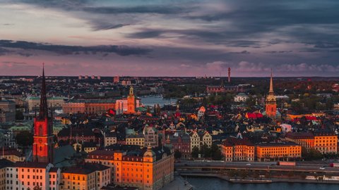 Aerial View Shot of Stockholm, Gamla Stan, Amazing Red Sunset, Sweden
