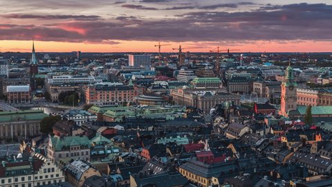 Aerial View Shot of Stockholm, Gamla Stan, Colorful Sky, Sweden