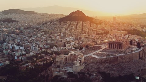 Establishing Aerial View Shot of Athens, Parthenon, Acropolis, Ancient Cecropia Erechtheion and Temple of Athena Nike, Greece, blessed light