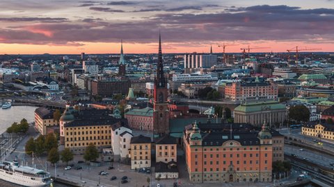 Aerial View Shot of Stockholm, Gamla Stan, Colorful Sky, Sweden