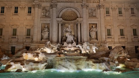 Trevi Fountain (Italian: Fontana di Trevi) at night in Rome, Italy, city landmark from 1762, one of the most famous Baroque fountains in the world.