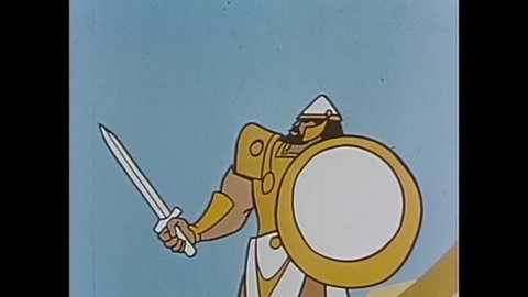 CIRCA 1960 - In this animated film, David leaves his flock and tells his brothers he will fight Goliath.