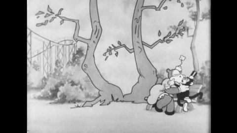 CIRCA 1933 - In this animated film, Cubby and his girlfriend encounter many kissing animal couples.