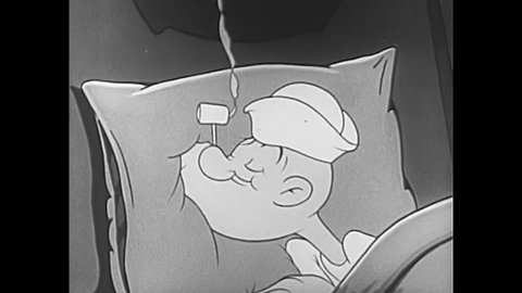 CIRCA 1942 - In this animated film, Popeye sleeps while his nephews make music in their beds.