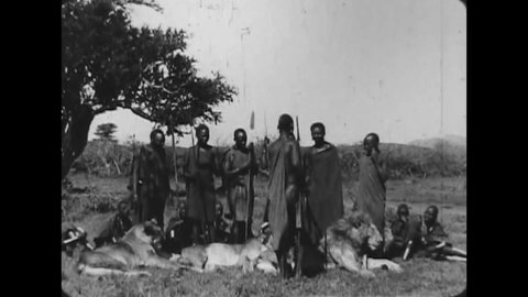 CIRCA 1930, - The Maasai, an African people, perform a traditional dance after a lion hunt in 1930, and an elder Bushmen explains these customs.