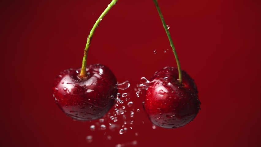 Sweet Cherries on Stems Colliding and Splashing Water Droplets in 1000fps Royalty-Free Stock Footage #1060943281