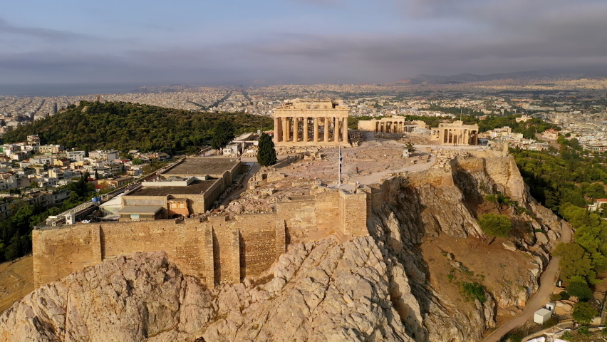 Athens, Greece. Aerial view of temple Parthenon on Acropolis in ancient city center. landscape panorama of Europe from above. Royalty-Free Stock Footage #1060944265