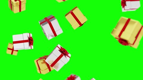 Gold and silver boxes with gifts are falling on a green background. Looped Seamless Video