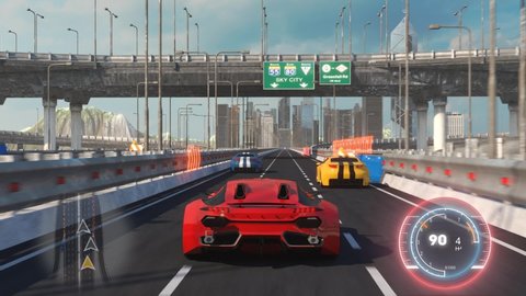 Speed Rasing 3d Video Game Imitation With Interface. Sports Cars Compete On The City Bridge Road. Gameplay Screen.
