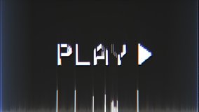 Play sign on damaged or ruined VHS cassette. Videocassette recorder or VCR. Dynamic glitch, static noise and grain effect. Video distortions and other artifacts. Retro vintage animation. Seamless loop