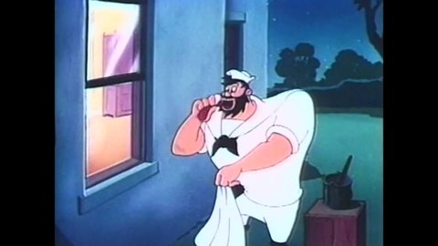 CIRCA 1954 - In this animated film, Bluto scares Olive Oyl with a balloon ghost and frames Popeye.