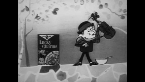CIRCA 1950s - Lucky the Leprechaun casts a spell with a violin and advertises Lucky Charms breakfast cereal, in a television commercial, in the 1960s.