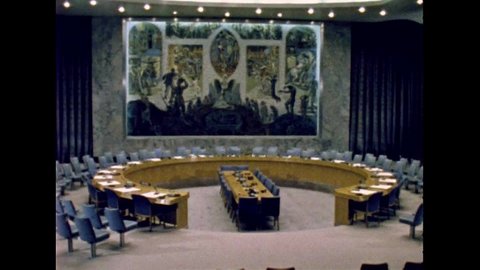 CIRCA 1967 - Mostly empty rooms of the United Nations and the grounds of the plaza in New York City, New York are shown.