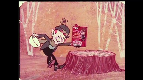 CIRCA 1950s - Lucky the Leprechaun materializes a rocket in an animated television commercial for Lucky Charms breakfast cereal, in the 1970s.
