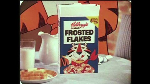 CIRCA 1950s - Tony the Tiger and a doubting Thomas advertise Kellogg’s Frosted Flakes, in an animated television commercial, in the 1970s.