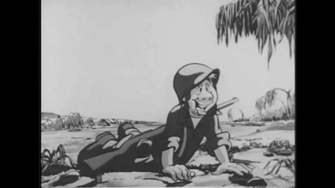 CIRCA 1940s - Cartoon character Private McGillicuddy, a soldier, dehydrates in the sunlight with a dry canteen, during World War 2.
